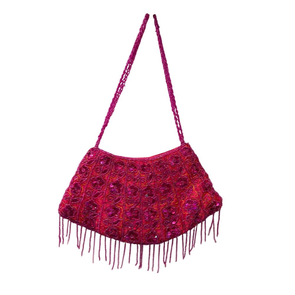 VTG Y2K Fuchsia Sequin Beaded Fringe Handbag Hot Pink Coquette Floral Rare Boho
